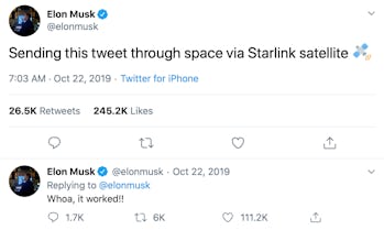 Elon Musk’s Twitter post. The post may be the first tweet shared through SpaceX’s developing Starlink internet service.